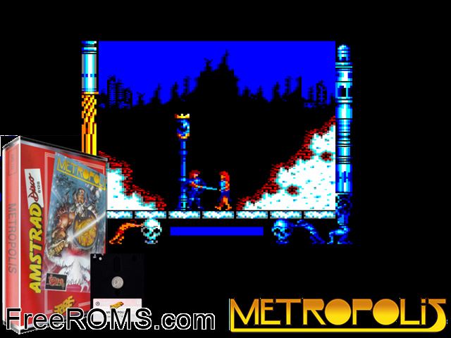 Metropolis (S) (1989) [a1] Amstrad CPC game showing 3D box cover and gameplay screenshot